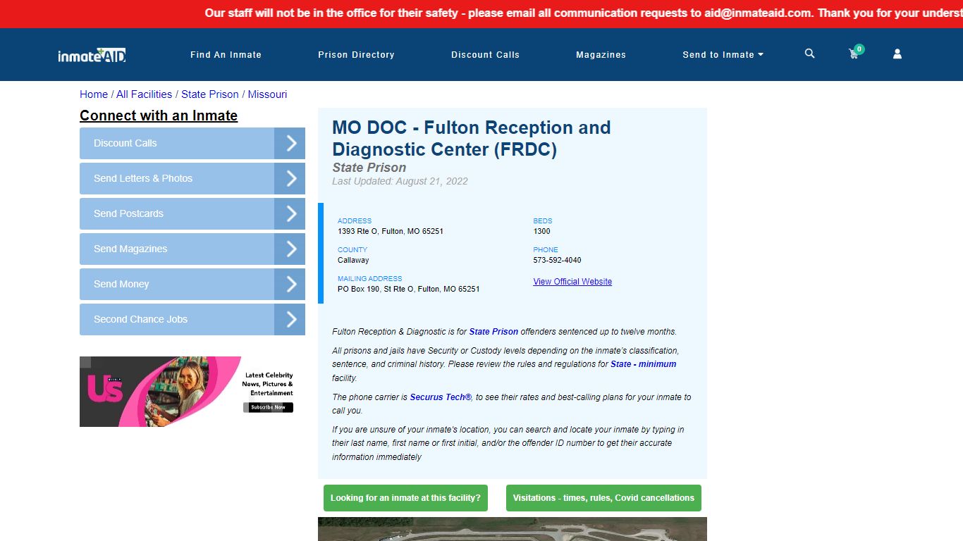 MO DOC - Fulton Reception and Diagnostic Center (FRDC) - InmateAid